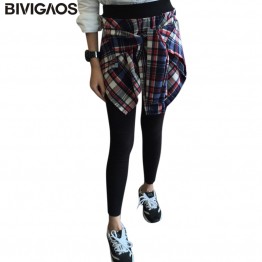 BIVIGAOS Korean Women's Cotton Casual Fake Two Piece Plaid Shirt Leggings Gothic Bottom Skirt Pants Workout Leggings Women
