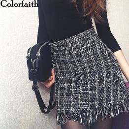   Mini Skirt Autumn  Vintage Straight Plaid  High Waist Woolen