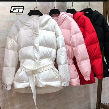 Ultra Light Down Jackets Women Winter Slim Hooded Down Coats Parkas With Belt Black Pink Red Snow Outwear32903691157