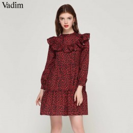 Vadim women vintage leopard dress sweet ruffles long sleeve o neck pleated female casual straight dress vestidos QA456