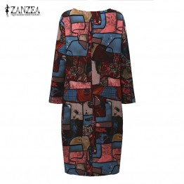 ZANZEA Autumn Vintage Women Cotton Linen Dress 2018 Long Sleeve O Neck Pockets Printed Casual Loose Dress Robe Vestido Plus Size