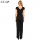 ZKESS Women Black Daily Fashion Wide Leg Skinny Jumpsuits Casual High Waisted O Neck Playsuits Rompers with Pockets LC6436432849668338
