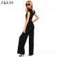 ZKESS Women Black Daily Fashion Wide Leg Skinny Jumpsuits Casual High Waisted O Neck Playsuits Rompers with Pockets LC64364