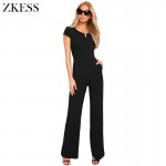 ZKESS Women Black Daily Fashion Wide Leg Skinny Jumpsuits Casual High Waisted O Neck Playsuits Rompers with Pockets LC64364