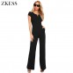 ZKESS Women Black Daily Fashion Wide Leg Skinny Jumpsuits Casual High Waisted O Neck Playsuits Rompers with Pockets LC6436432849668338